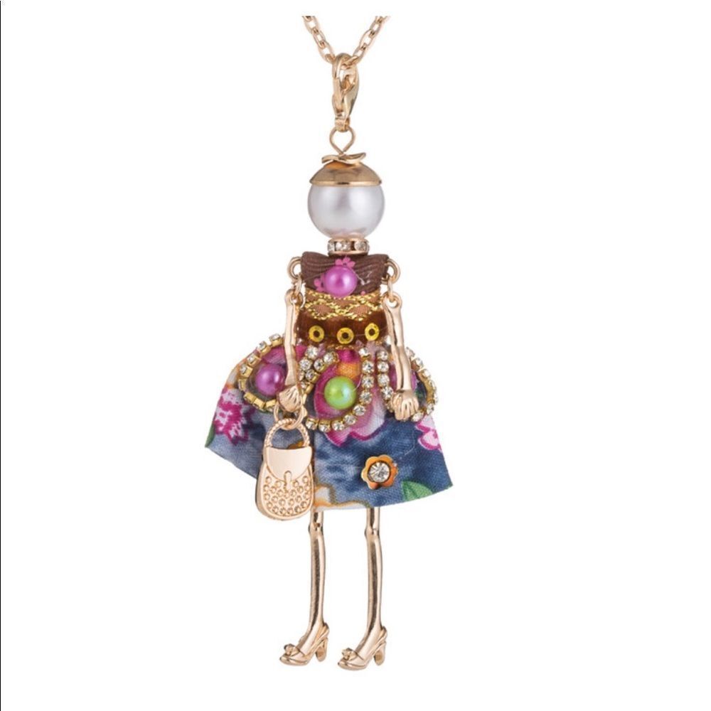 Boutique Doll Necklace Pink Watercolor Dress Rhinestone Long Necklace! - Picture 10 of 13